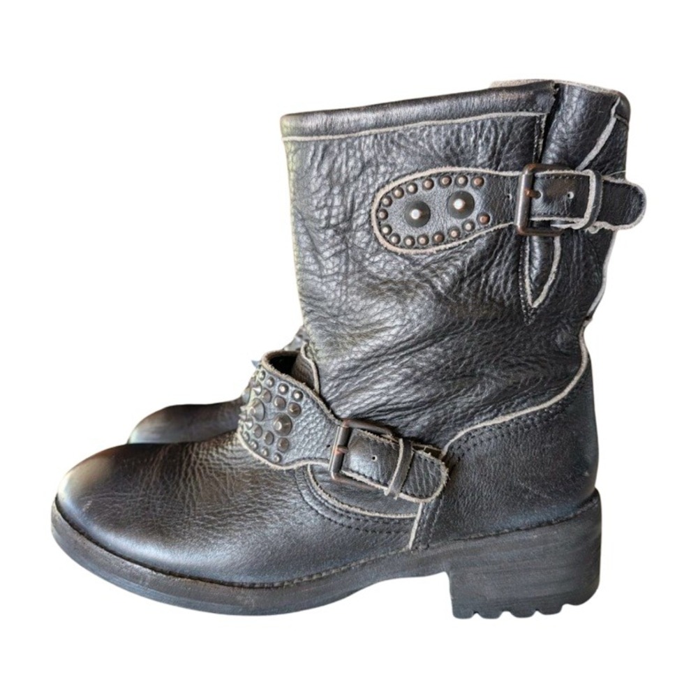 ASH Rebel Black Leather Studded Moto Biker Boots EUR 39 Womens Lug Sole